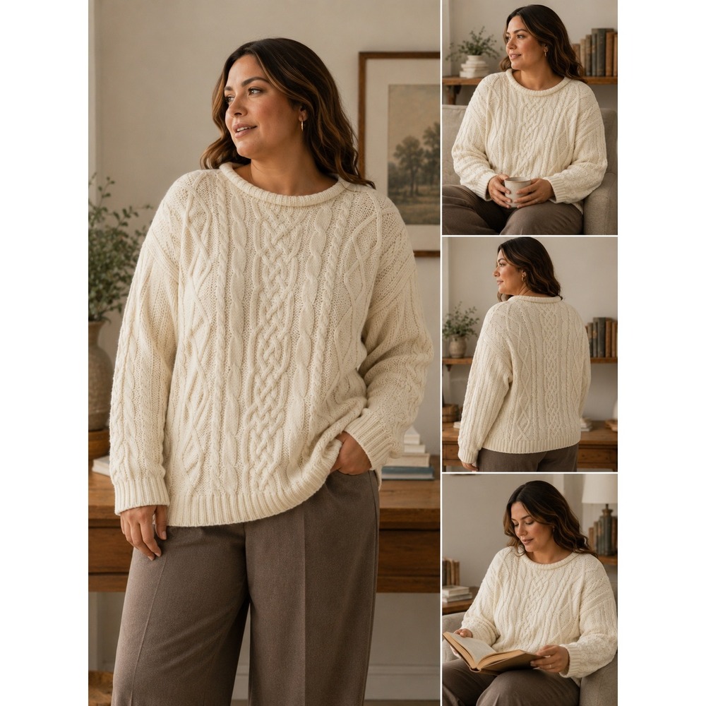 VTG Karen Scott II Cable Knit Sweater Rollneck 2X Cream Ivory Classic Fisherman